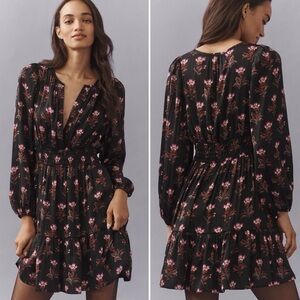 Anthropologie The Somerset Mini Dress Long-Sleeve in Black Print, size S NWOT